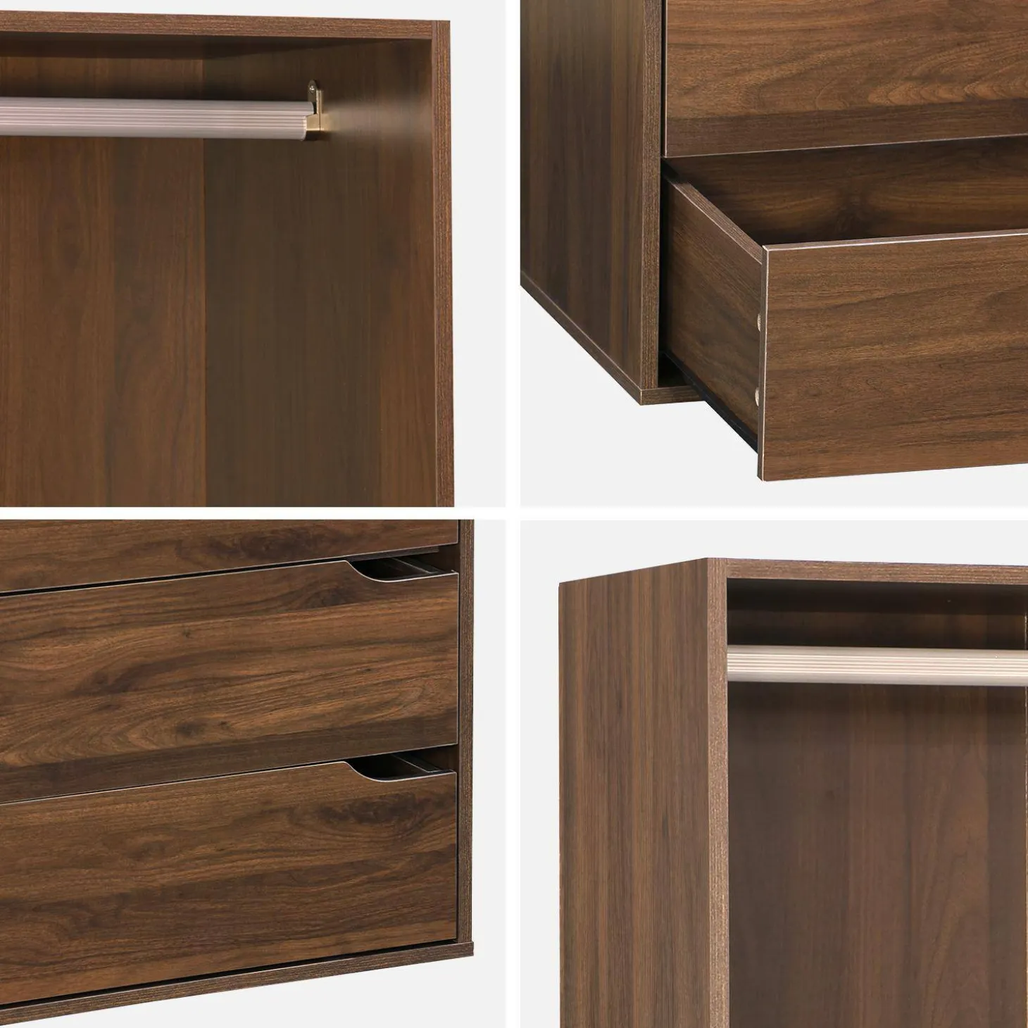 Módulo de vestidor decorado en madera con 4 cajones y 1 barra para colgar
