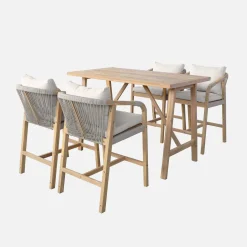 Mesa alta de jardín de madera de acacia con 4 sillones
