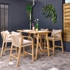 Mesa alta de jardín de madera de acacia con 4 sillones