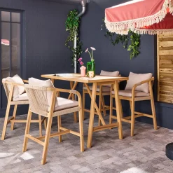 Mesa alta de jardín de madera de acacia con 4 sillones