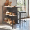 Mesa alta de madera y metal, 2 estantes, 2 taburetes