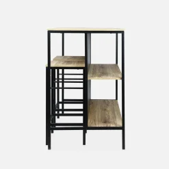 Mesa alta de madera y metal, 2 estantes, 2 taburetes