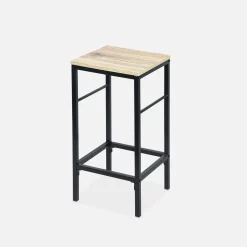 Mesa alta de madera y metal, 2 estantes, 2 taburetes