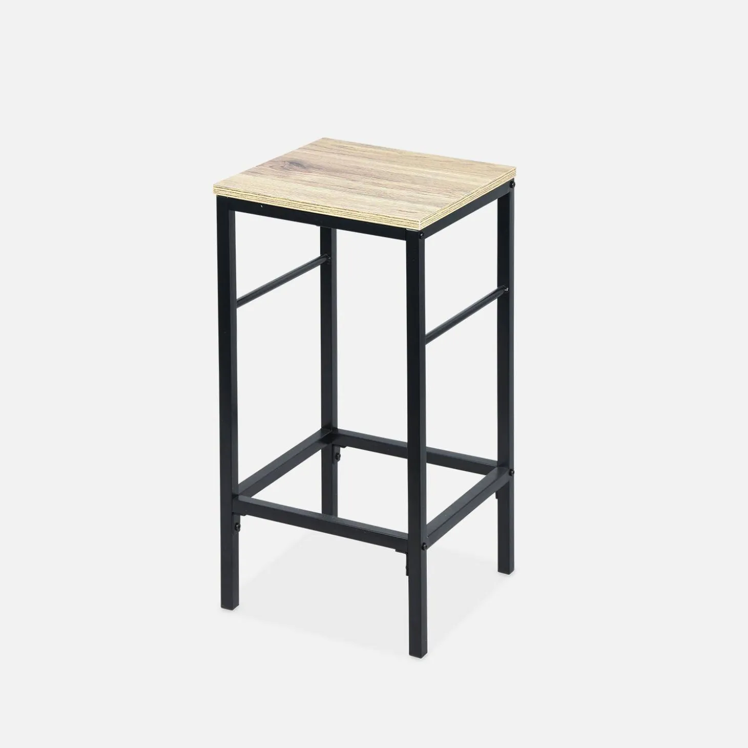 Mesa alta de madera y metal, 2 estantes, 2 taburetes