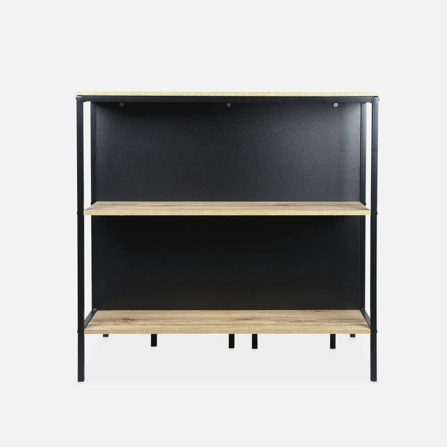 Mesa alta de madera y metal, 2 estantes, 2 taburetes