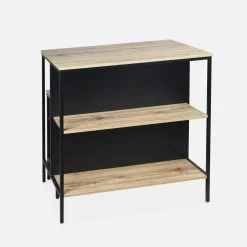 Mesa alta de madera y metal, 2 estantes, 2 taburetes