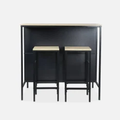 Mesa alta de madera y metal, 2 estantes, 2 taburetes