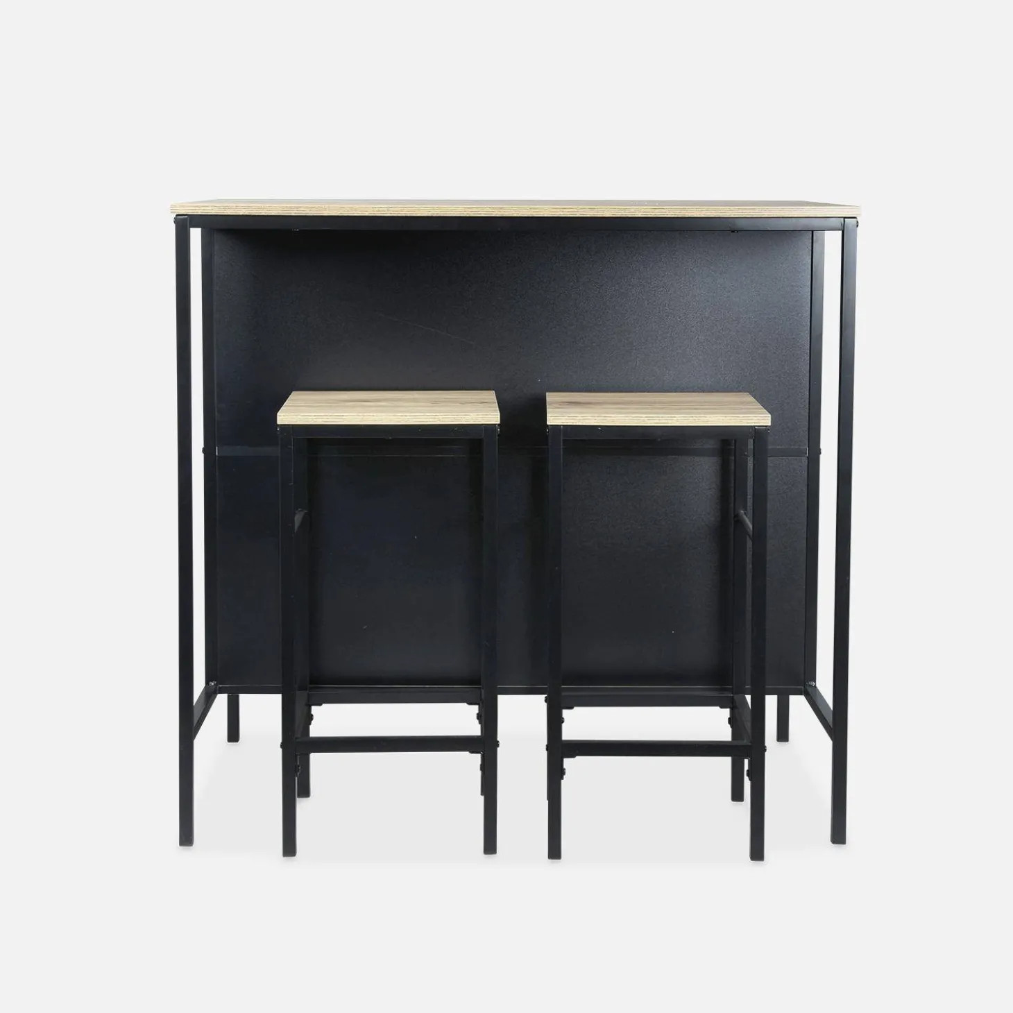 Mesa alta de madera y metal, 2 estantes, 2 taburetes