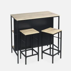 Mesa alta de madera y metal, 2 estantes, 2 taburetes