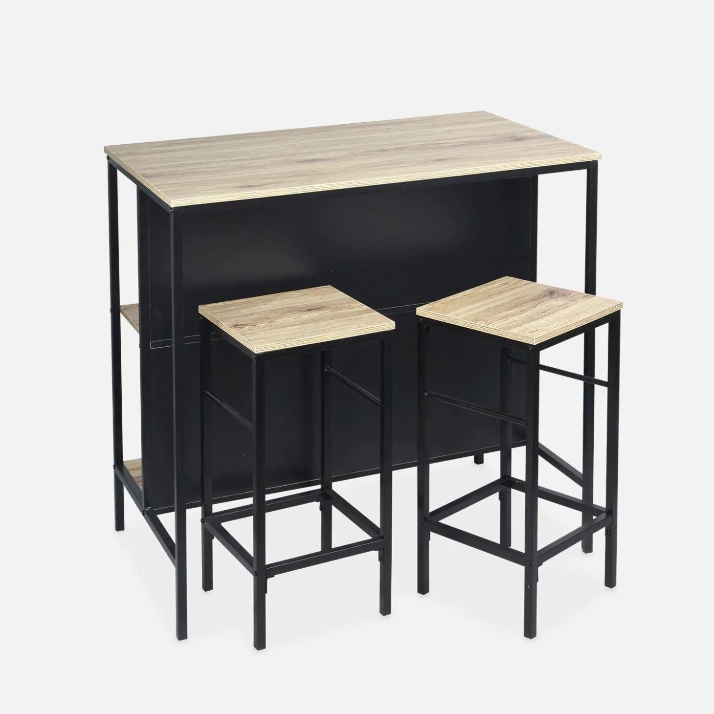 Mesa alta de madera y metal, 2 estantes, 2 taburetes