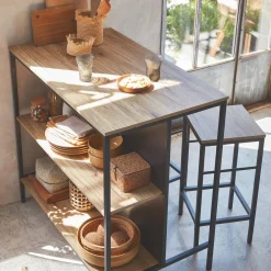 Mesa alta de madera y metal, 2 estantes, 2 taburetes