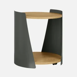 Mesa auxiliar de metal y efecto madera, curvado con ruedas