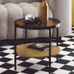 Mesa auxiliar redonda de cristal templado efecto madera y metal negro