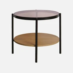 Mesa auxiliar redonda de cristal templado efecto madera y metal negro