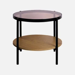 Mesa auxiliar redonda de cristal templado efecto madera y metal negro