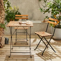 Mesa bistro plegable madera y metal con 2 sillas