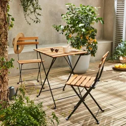 Mesa bistro plegable madera y metal con 2 sillas