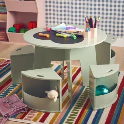 Mesa con pizarra y 4 sillas con almacenaje para niños