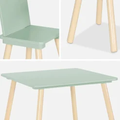Mesa cuadrada infantil de madera de pino, 2 sillas