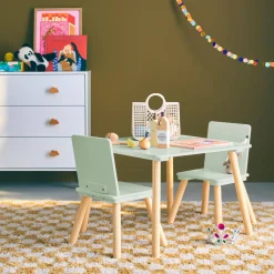 Mesa cuadrada infantil de madera de pino, 2 sillas