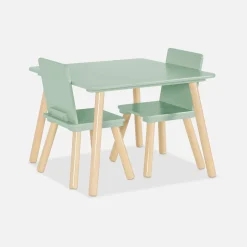 Mesa cuadrada infantil de madera de pino, 2 sillas