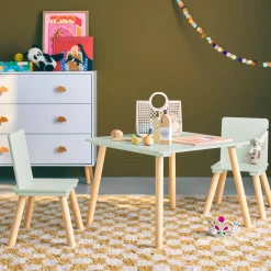 Mesa cuadrada infantil de madera de pino, 2 sillas