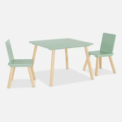 Mesa cuadrada infantil de madera de pino, 2 sillas