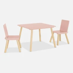 Mesa cuadrada infantil de madera de pino, 2 sillas