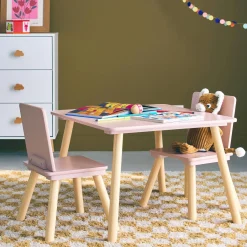 Mesa cuadrada infantil de madera de pino, 2 sillas