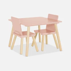Mesa cuadrada infantil de madera de pino, 2 sillas