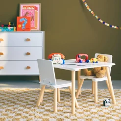 Mesa cuadrada infantil de madera de pino, 2 sillas