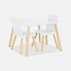 Mesa cuadrada infantil de madera de pino, 2 sillas