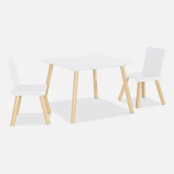 Mesa cuadrada infantil de madera de pino, 2 sillas