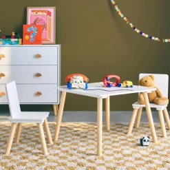 Mesa cuadrada infantil de madera de pino, 2 sillas