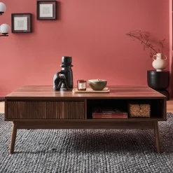 Mesa de centro con decoración de madera, 1 cajón