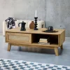 Mesa de centro con puerta corredera, 2 nichos, efecto madera y caña