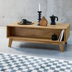 Mesa de centro con puerta corredera, 2 nichos, efecto madera y caña