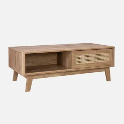 Mesa de centro con puerta corredera, 2 nichos, efecto madera y caña