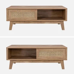 Mesa de centro con puerta corredera, 2 nichos, efecto madera y caña