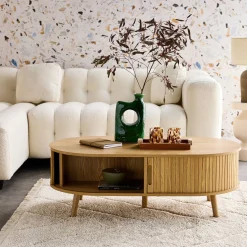 Mesa de centro con puertas correderas y efecto madera