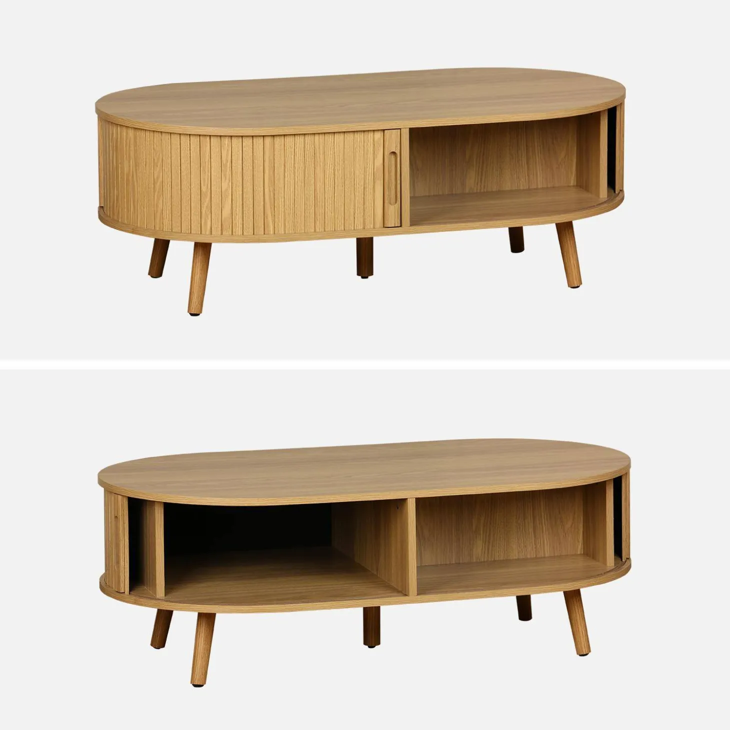 Mesa de centro con puertas correderas y efecto madera
