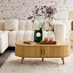 Mesa de centro con puertas correderas y efecto madera