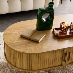 Mesa de centro con puertas correderas y efecto madera