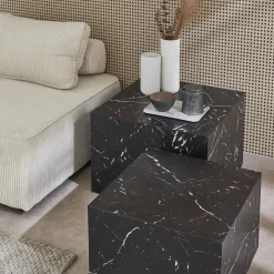 Mesa de centro cuadrada con efecto mármol, set de 2