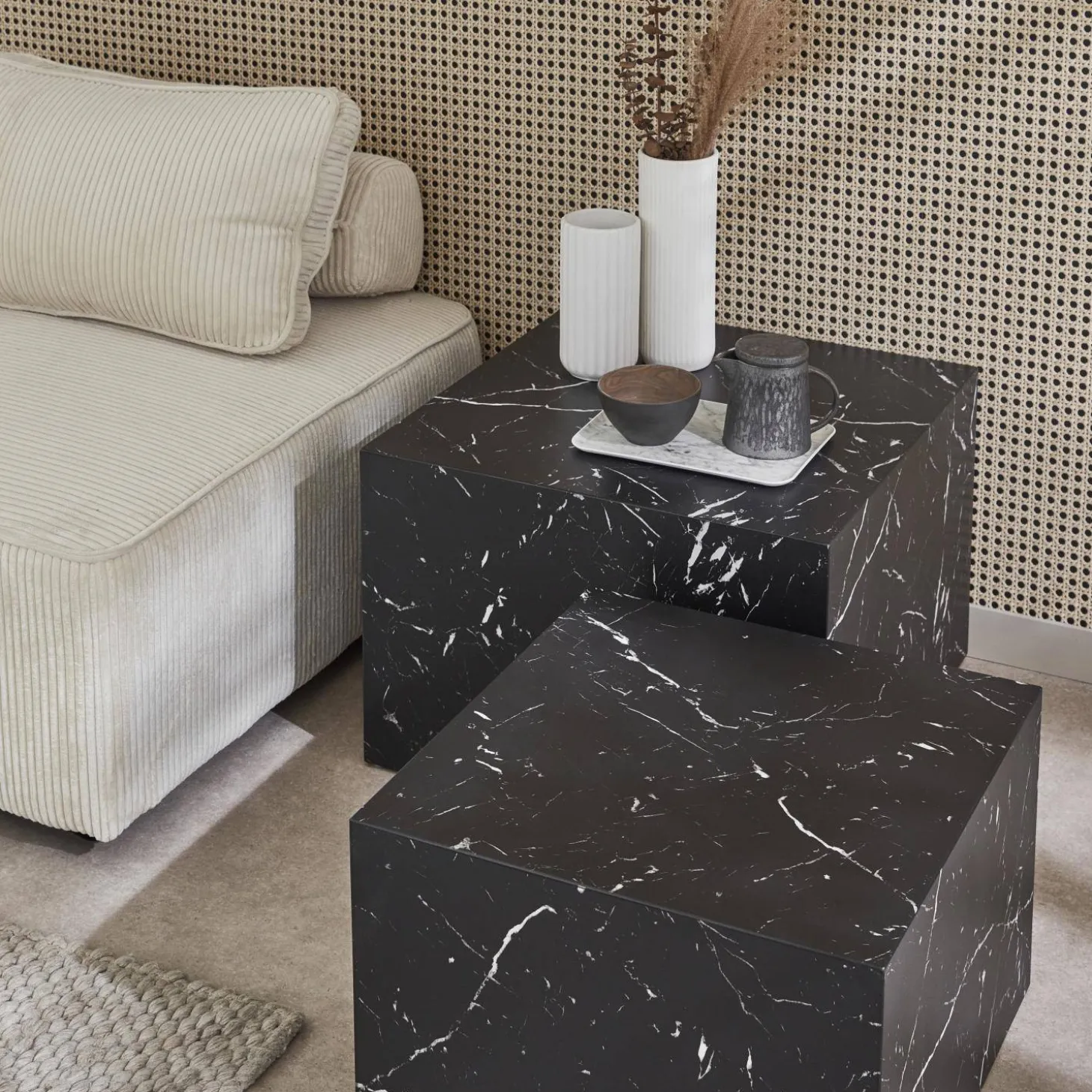 Mesa de centro cuadrada con efecto mármol, set de 2