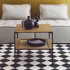 Mesa de centro cuadrada con tablero doble efecto madera y caña