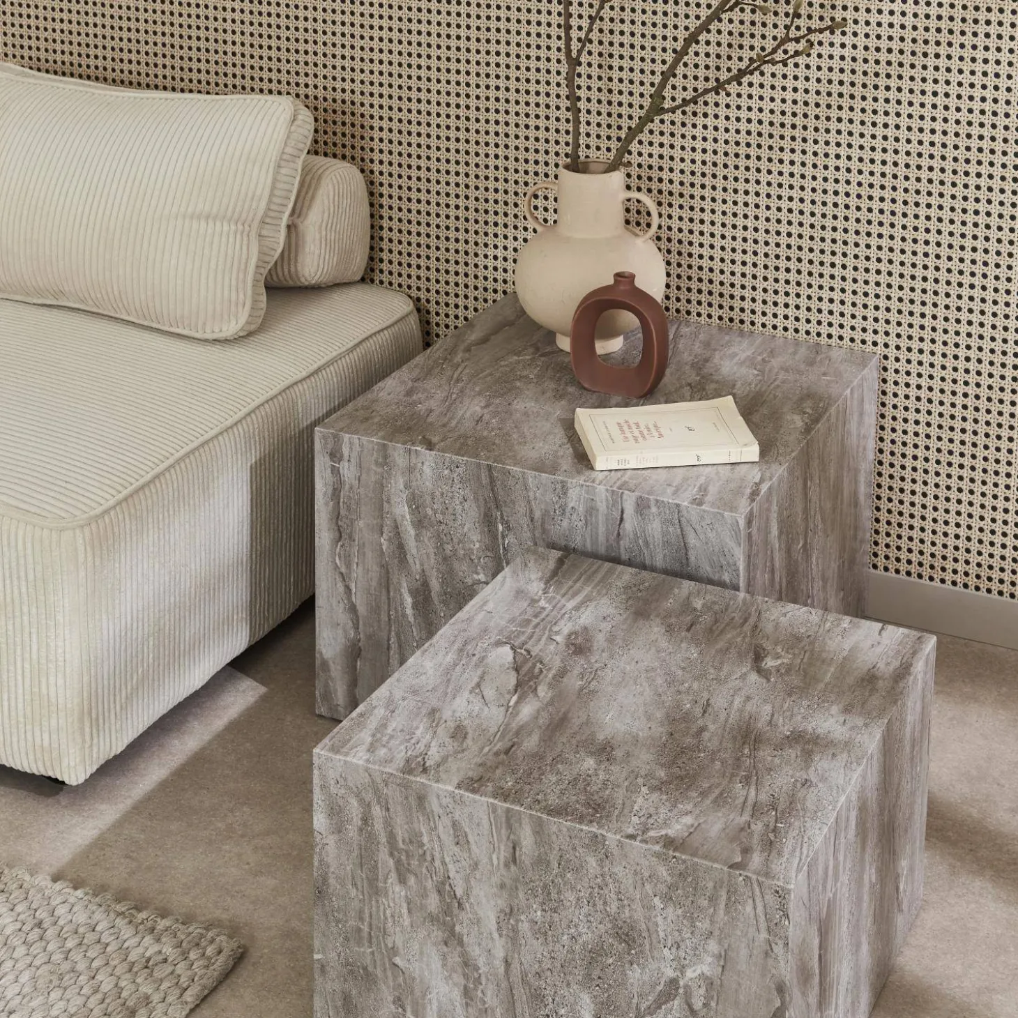 Mesa de centro cuadrada con efecto mármol, set de 2
