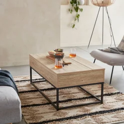Mesa de centro industrial efecto madera, elevable