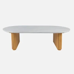 Mesa de centro ovalada de madera de hevea con efecto piedra