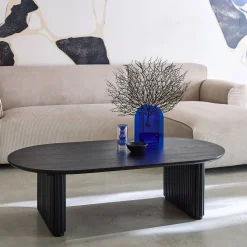 Mesa de centro ovalada de madera de hevea con chapa de roble